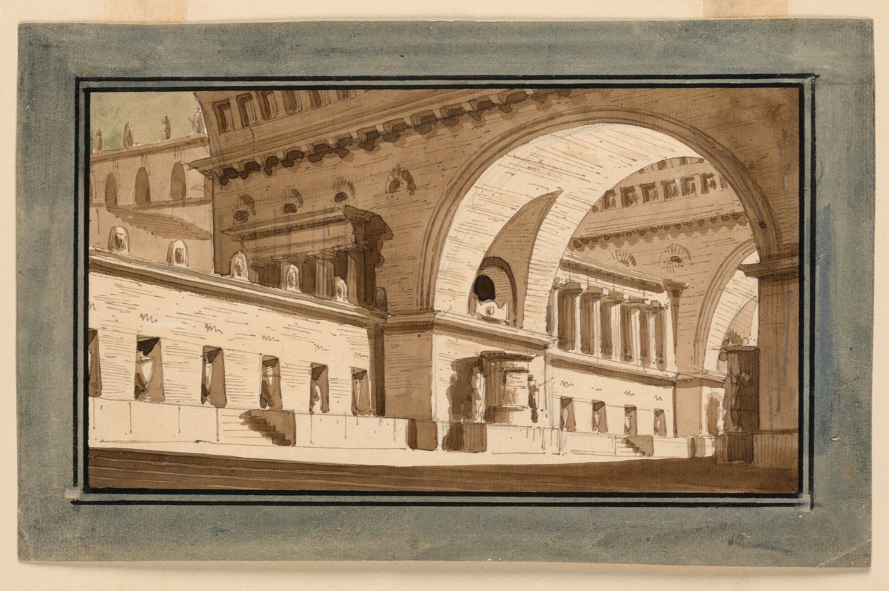 Bühnenbild, Außenansicht des Palastes, Grabhalle von Angelo Toselli