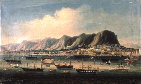 Ansicht von Hongkong mit einem Gefängnisschiff und einem Raddampfer im Hafen von Anglo Chinese School