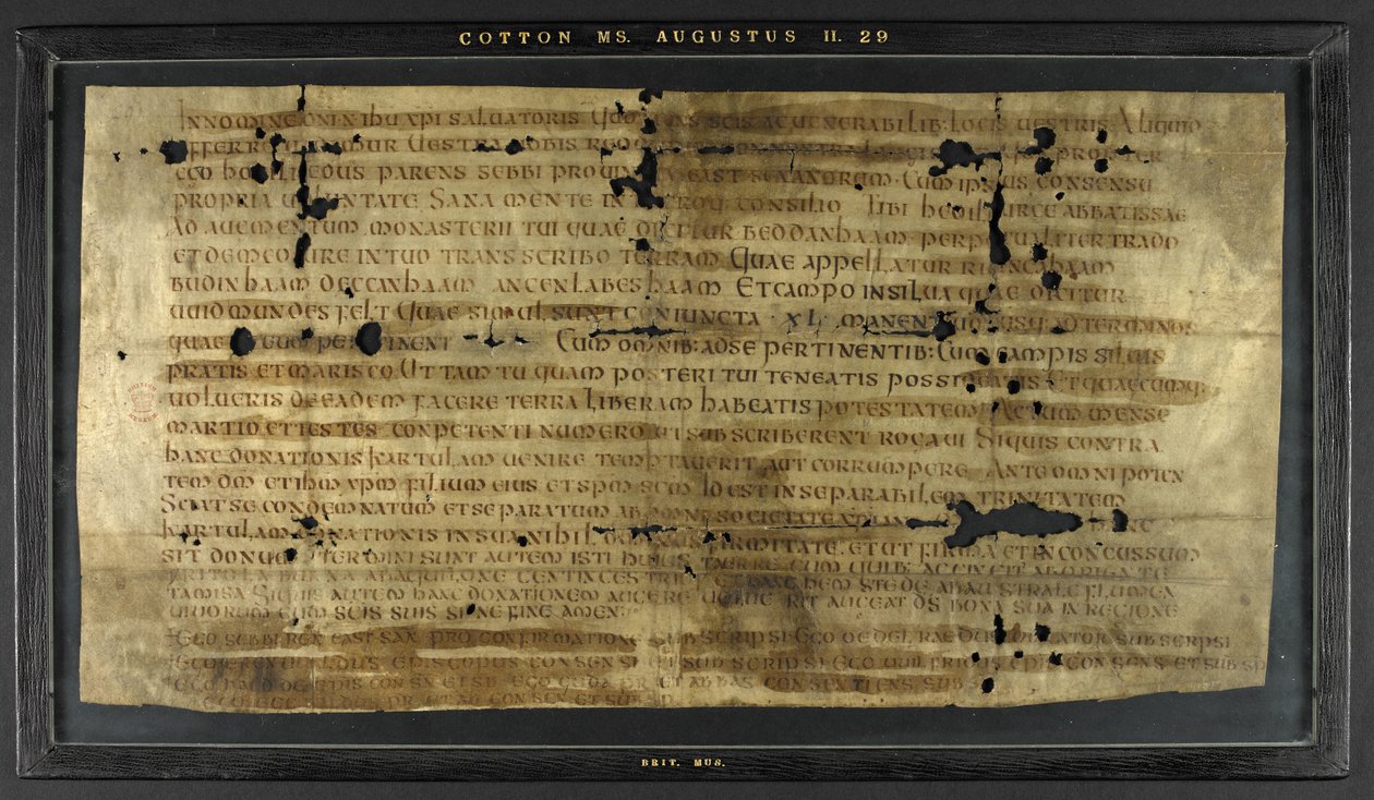 Schenkung von Hodilredus (Æthelred), Verwandter von König Sebbi der Ost-Sachsen (fl. 685-706), an Hedilburg (Æthelburg), Äbtissin von Anglo Saxon Anglo Saxon