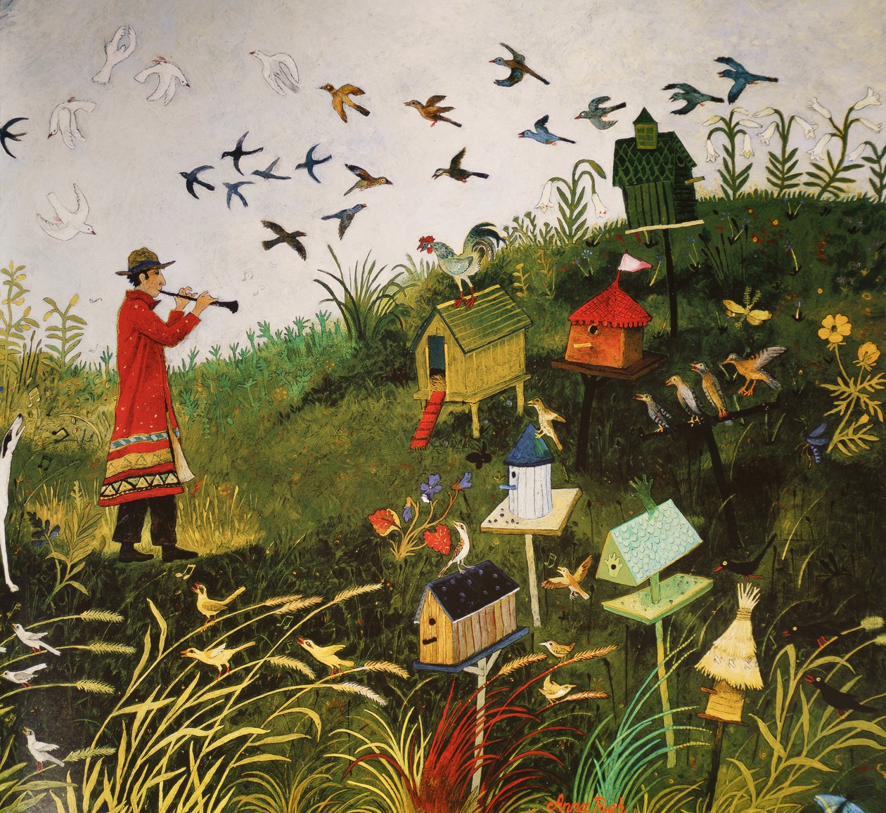 Vogelpfeifer mit schwarzen Vögeln, 2001 von Anna Pugh