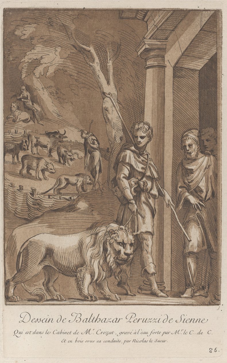 Ein Hirte hält einen Löwen an der Leine im Vordergrund, im Mittelgrund der Sch... , ca. 1729-64 von Anne Claude Philippe de