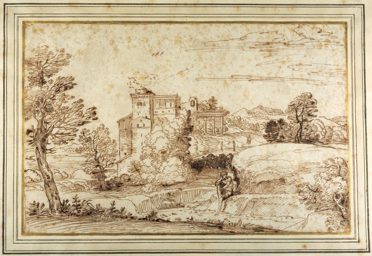 Landschaft mit einem Schloss und den Ruinen eines klassischen Portikus von Annibale (follower of) Carracci