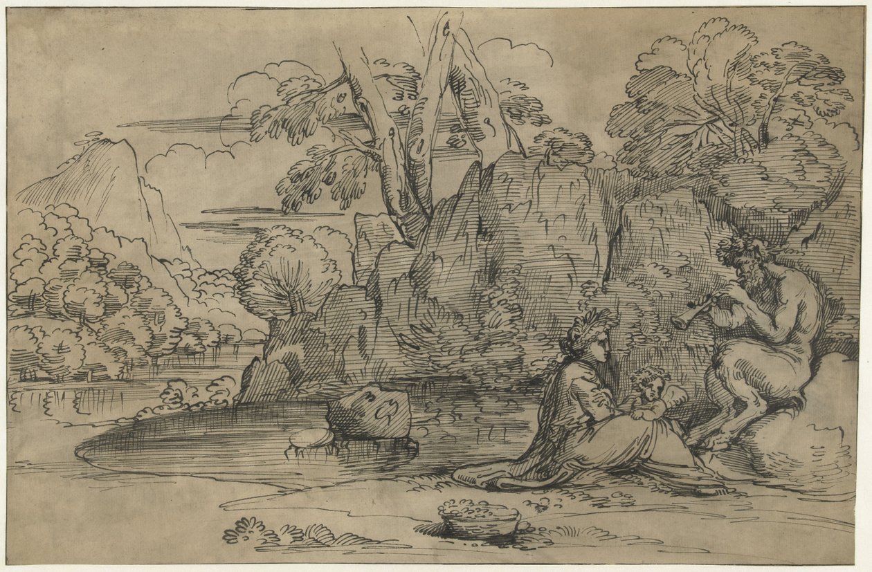 Landschaft mit einem Flötenspielenden Satyr, Frau und Putto von Annibale Carracci (attributed to)