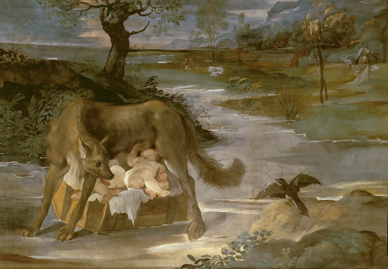 Die Wölfin, die Romulus und Remus säugt, aus dem Zyklus der Geschichte von Romulus, ca. 1590 von Annibale Copy Carracci