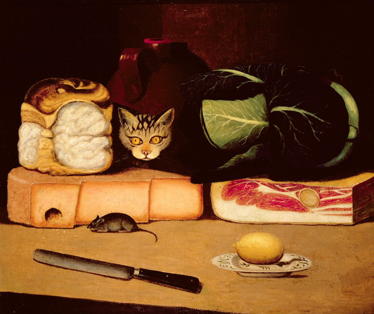 Stillleben mit Katze und Maus, Primitive Schule, 1820 von Unbekannt Unbekannt