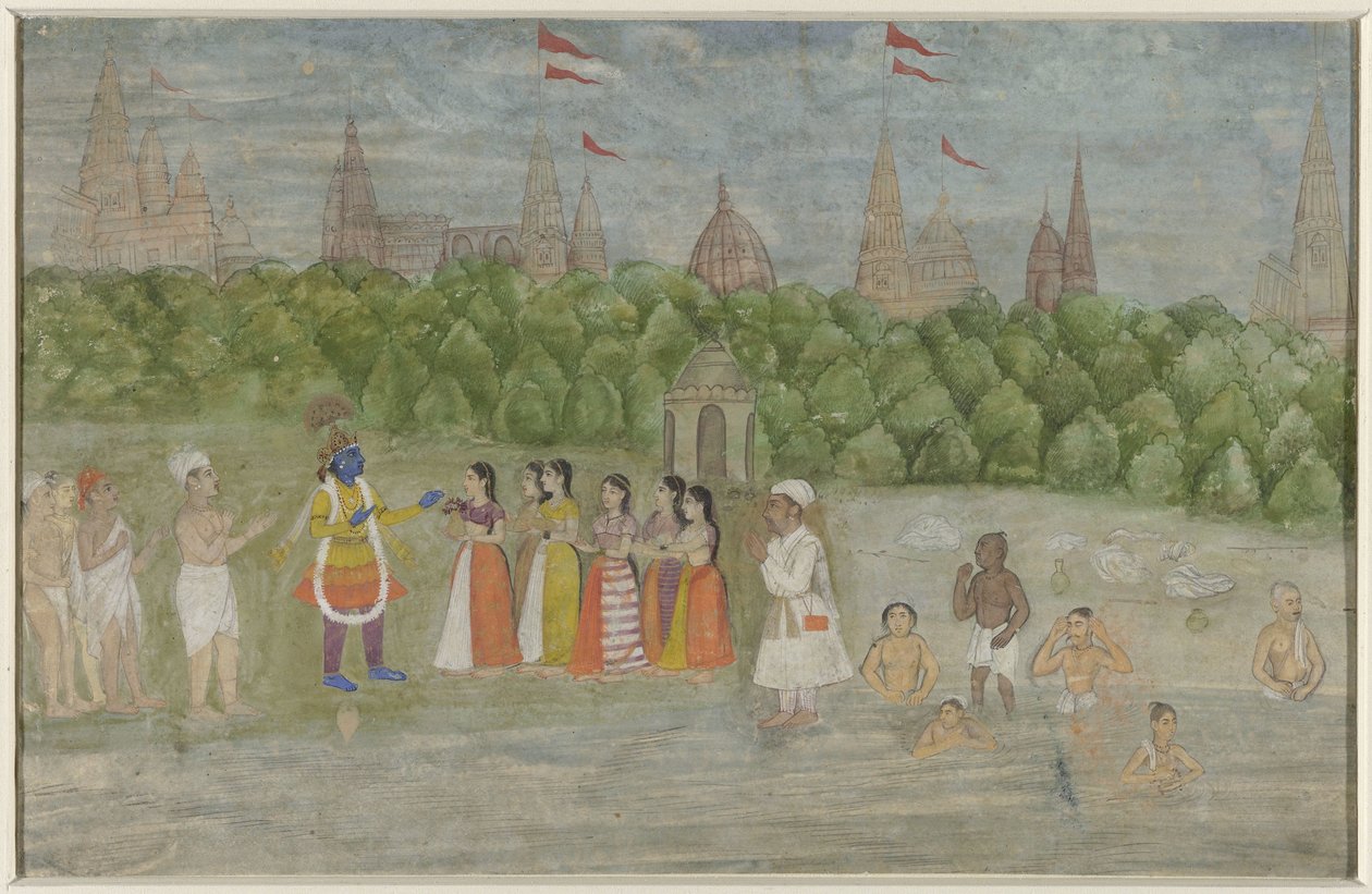 Krishna tanzt mit den Gopis am Ufer des Yamuna in Brindaban von Anonymous