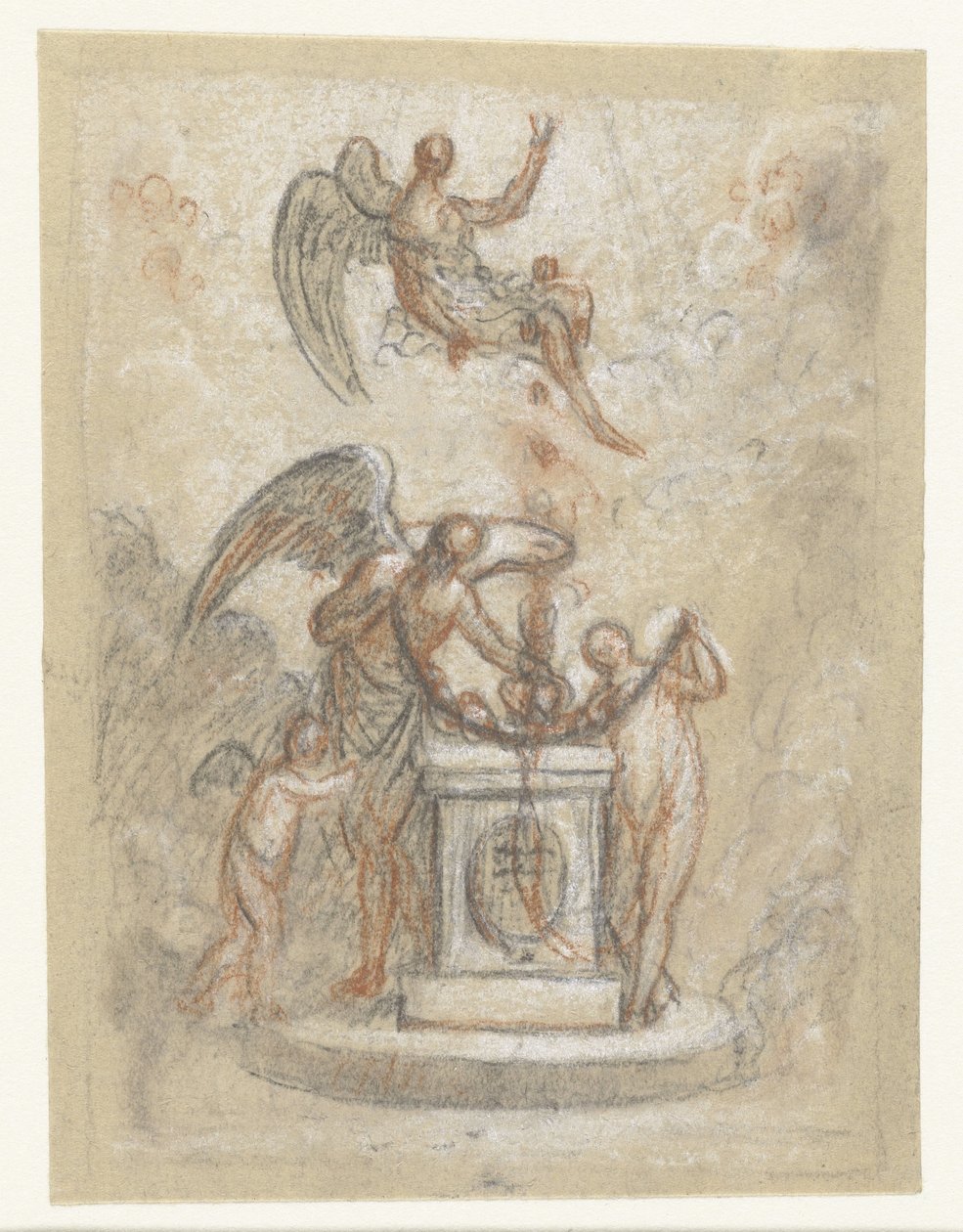 Allegorische Darstellung mit der Zeit und anderen Figuren um ein Denkmal oder Altar von Anonymous