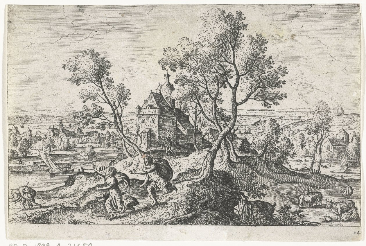 Apollo verfolgt Daphne (Landschaften mit mythologischen und biblischen Darstellungen) von Anonymous