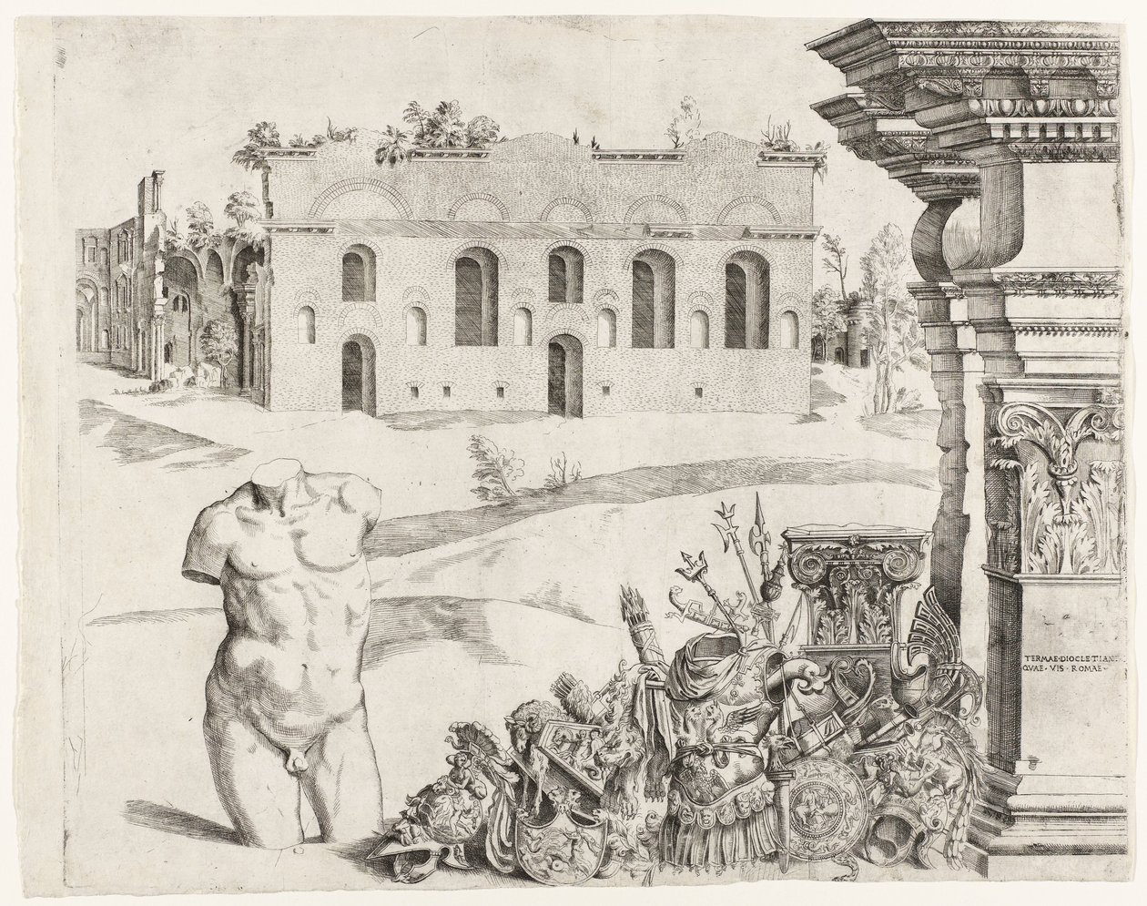 Architekturcapriccio mit Spolia, ein männlicher Torso und ein Blick auf die Thermen von Diokletian von Anonymous