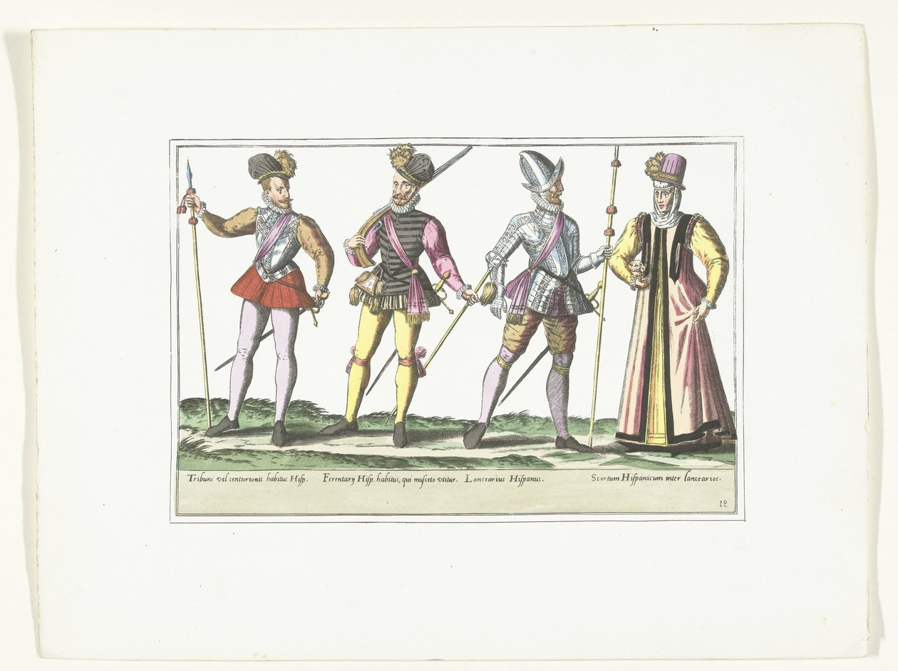 Drei spanische Soldaten in Uniform und eine Marketenderin, ca. 1580 von Anonymous
