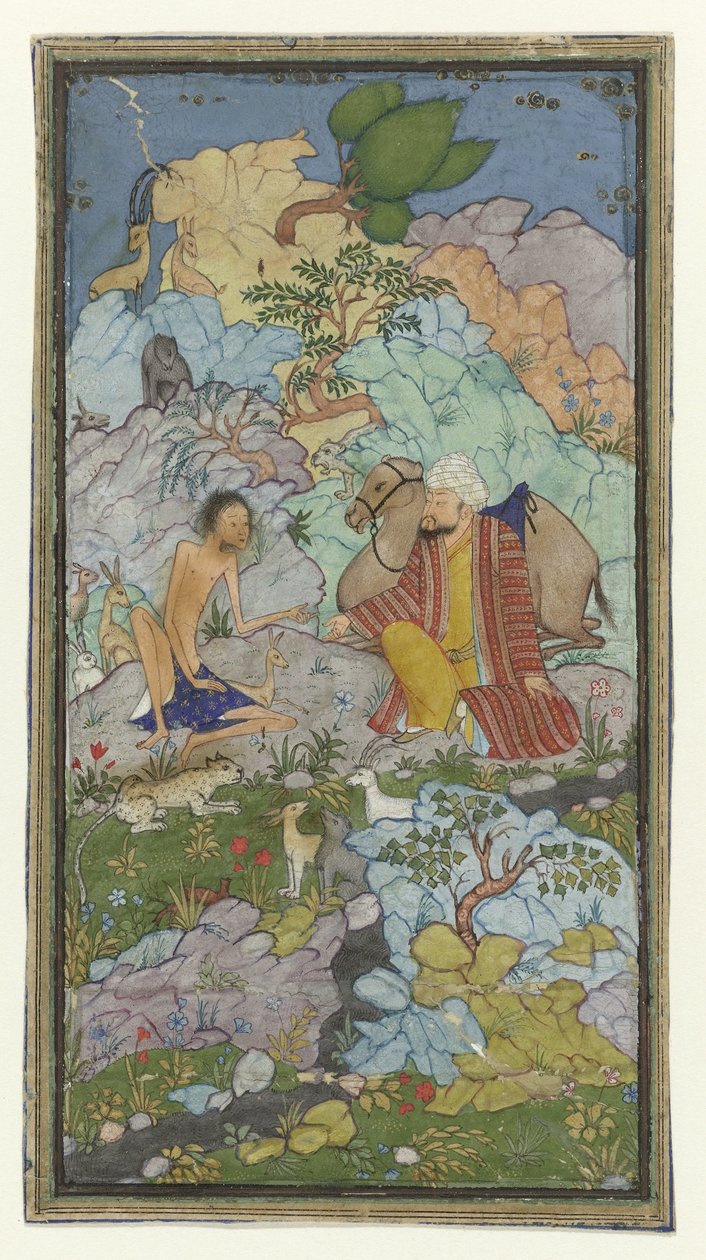 Episode aus der Liebesgeschichte von Laila und Majnun, der abgemagerte Majnun sitzt in einer Landschaft mit einem Mann und seinem Kamel von Anonymous