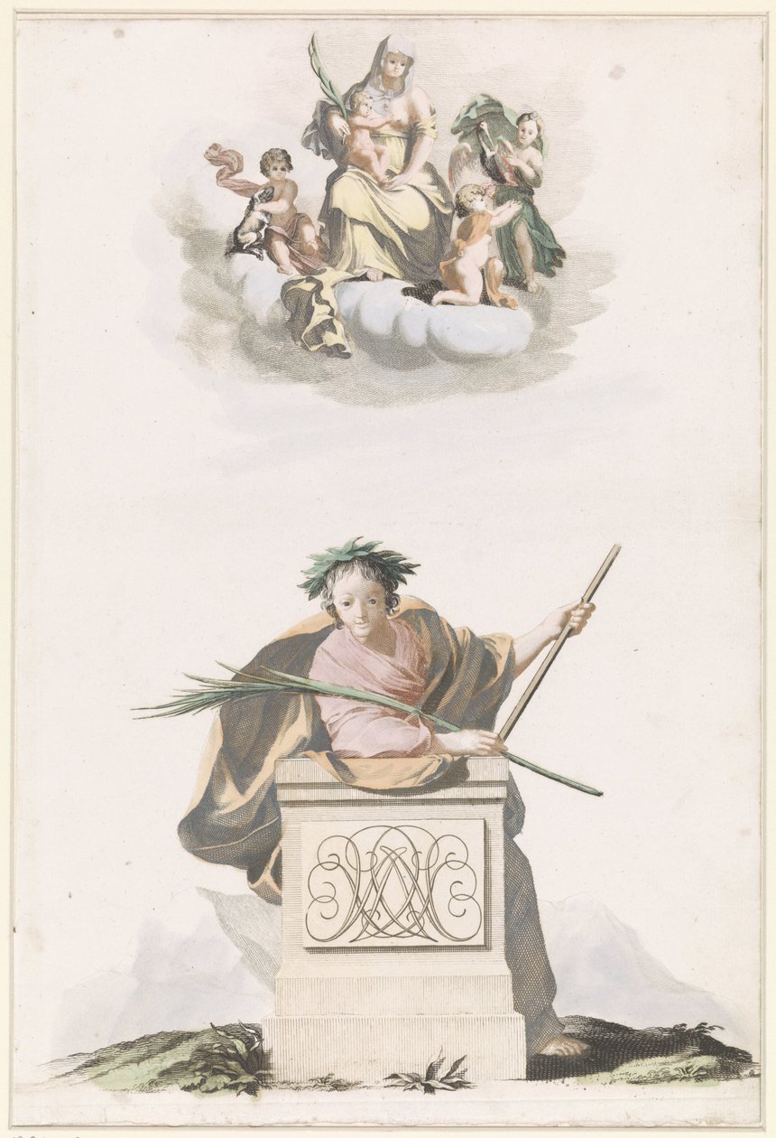 Figur, die sich auf eine Steinsäule lehnt, mit Initialen und Maria auf den Wolken von Anonymous