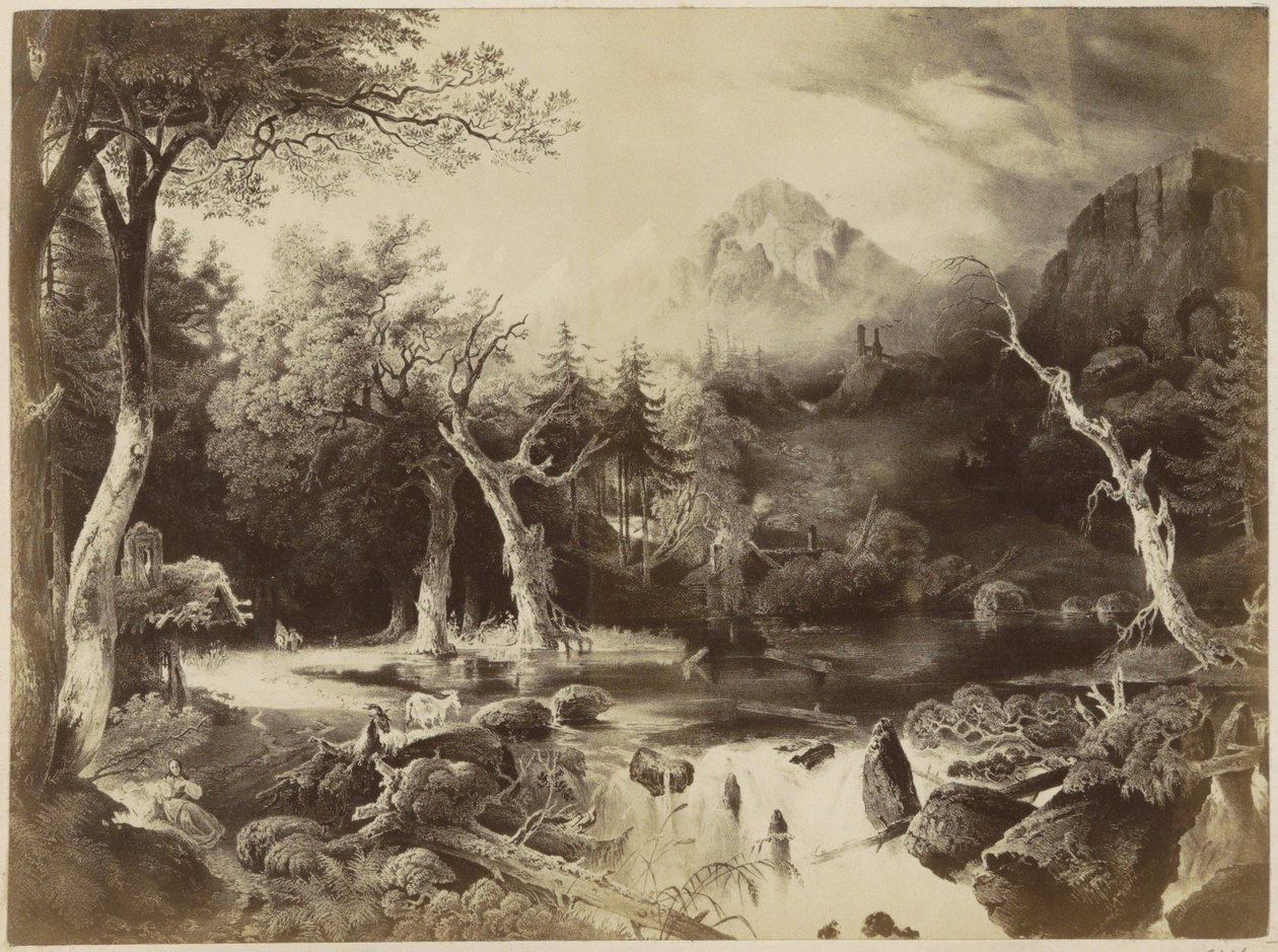 Fotoreproduktion von (vermutlich) einem Druck einer Landschaft mit Bergen, Bäumen und einer Frau am Wasser von Anonymous