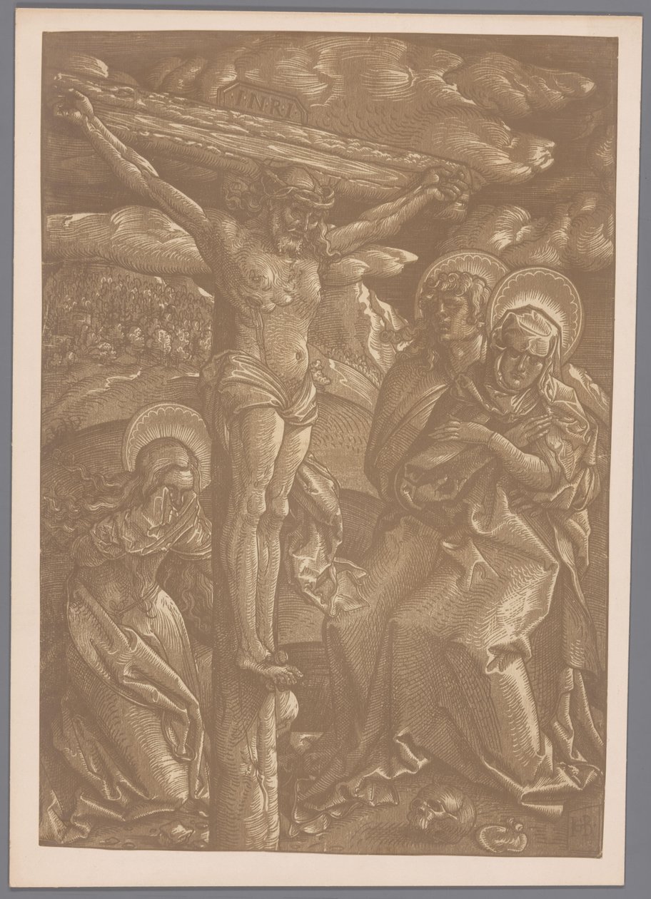 Fotoreproduktion des Clair-Obscur-Holzschnitts Christus am Kreuz von Hans Baldung Grien von Anonymous