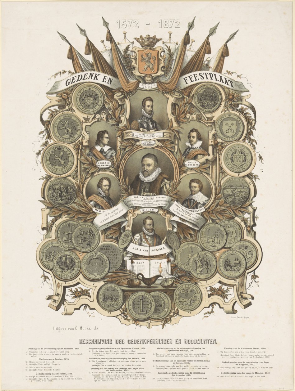Gedenk- und Festplatte mit Porträts von Wilhelm I., Prinz von Oranien, seinen Söhnen Maurits und Frederik Hendrik, Prinzen von Oranien, seinen Brüdern Ludwig, Adolf und Heinrich, Grafen von Nassau, und Wilhelm Bloys von Treslong von Anonymous