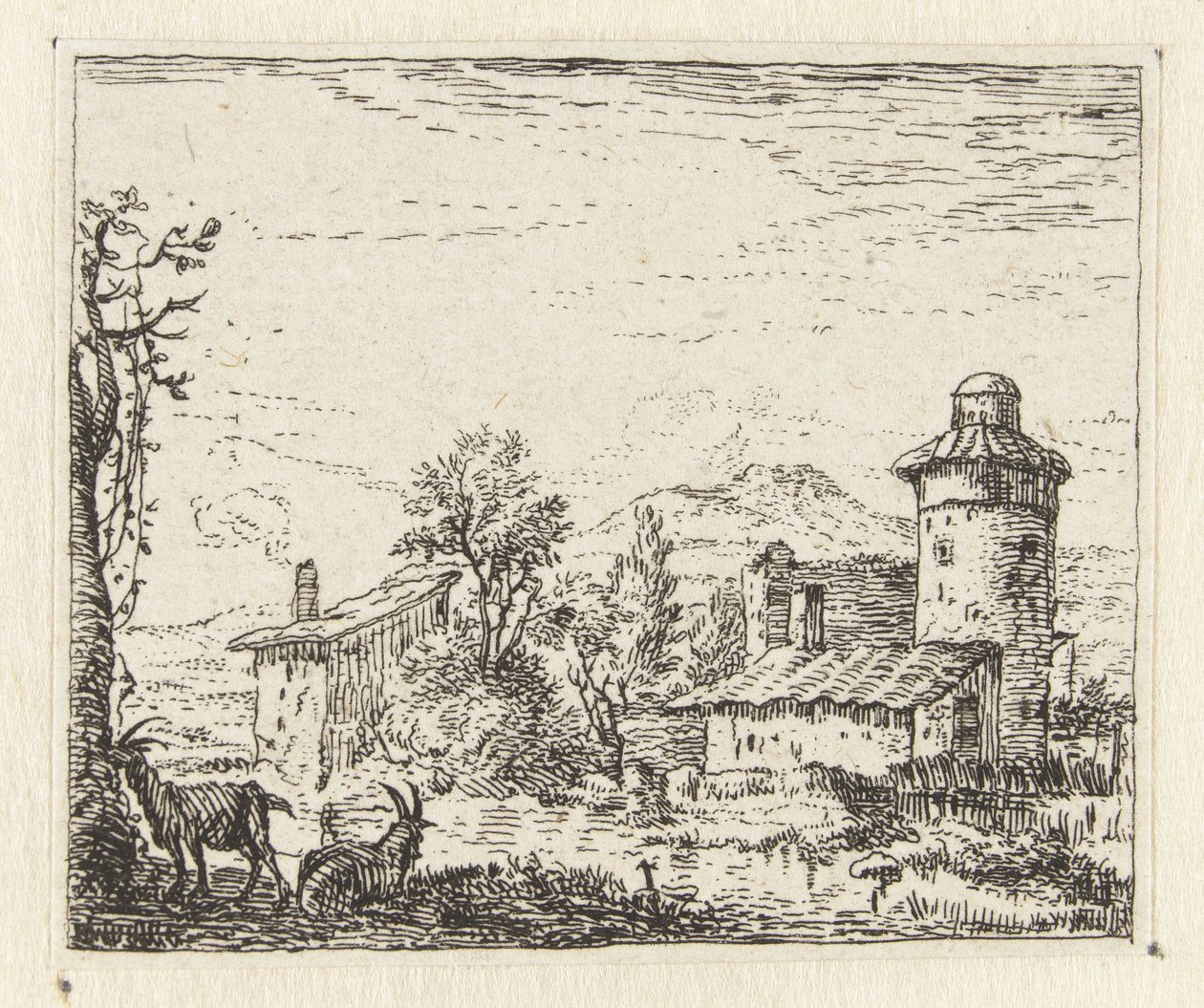Italianisierende Landschaft mit rundem Turm und zwei Ziegen von Anonymous