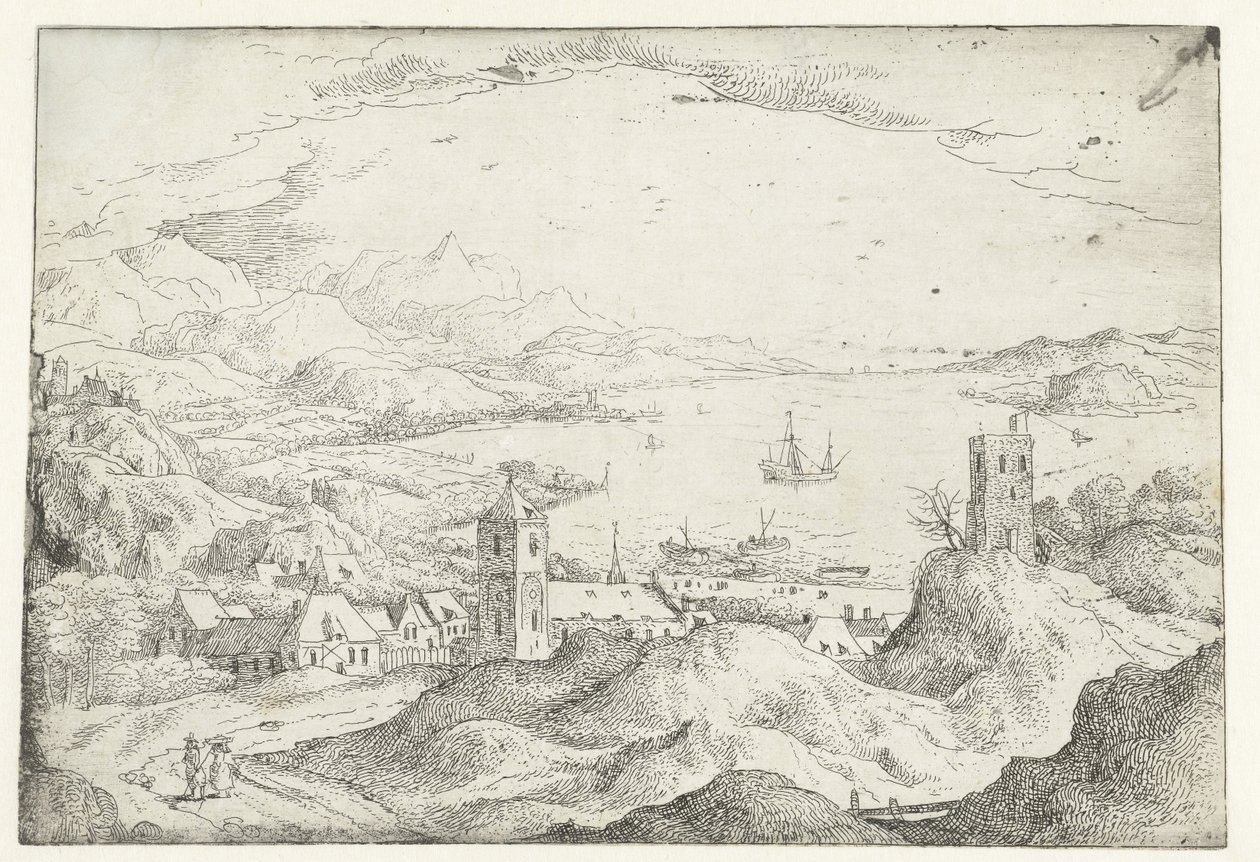 Landschaft mit breitem Fluss und Dorf von Anonymous