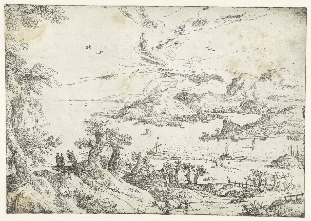 Landschaft mit breitem Fluss zwischen Hügeln von Anonymous