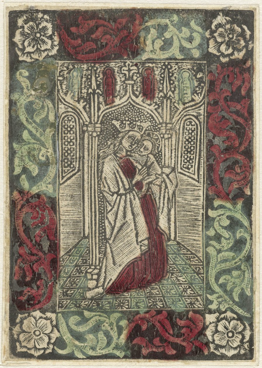 Maria mit Kind vor gotischer Architektur in rechteckiger Umrahmung mit Blattmotiven von Anonymous