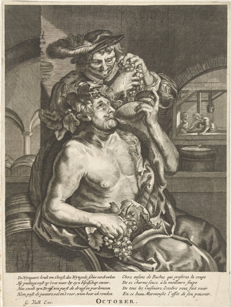 Oktober: Bacchus trinkt Wein von Anonymous