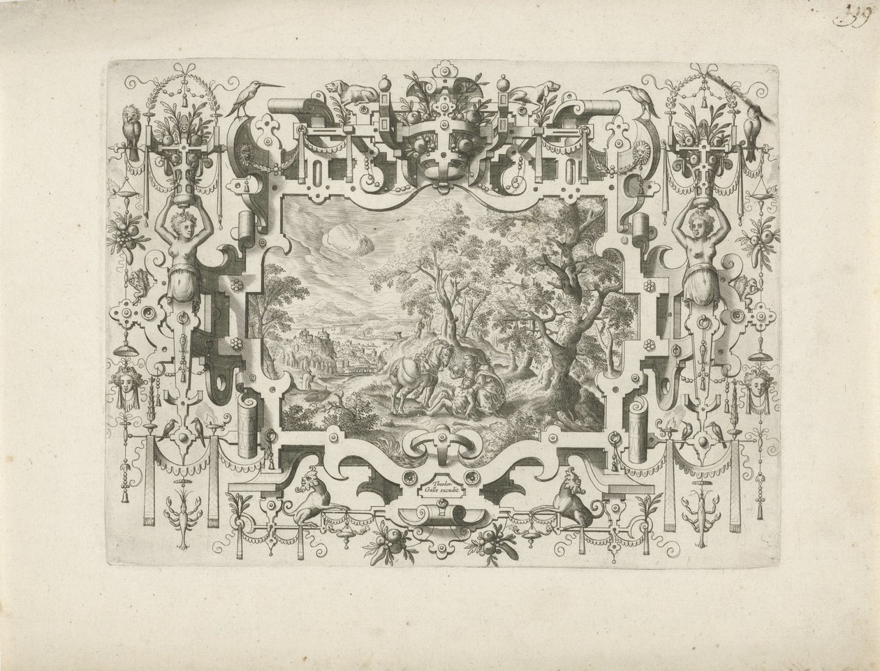 Ornamentrahmung mit Rollwerk und Figuren, darin Landschaft mit dem barmherzigen Samariter von Anonymous