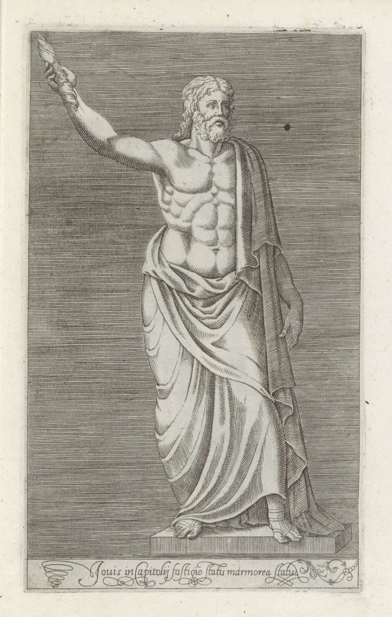 Skulptur von Jupiter (Jovis in Capitolij fastigio statis marmorea statue) (Antiquarum statuarum urbis Romae quae in publicis locis visuntur icones) von Anonymous