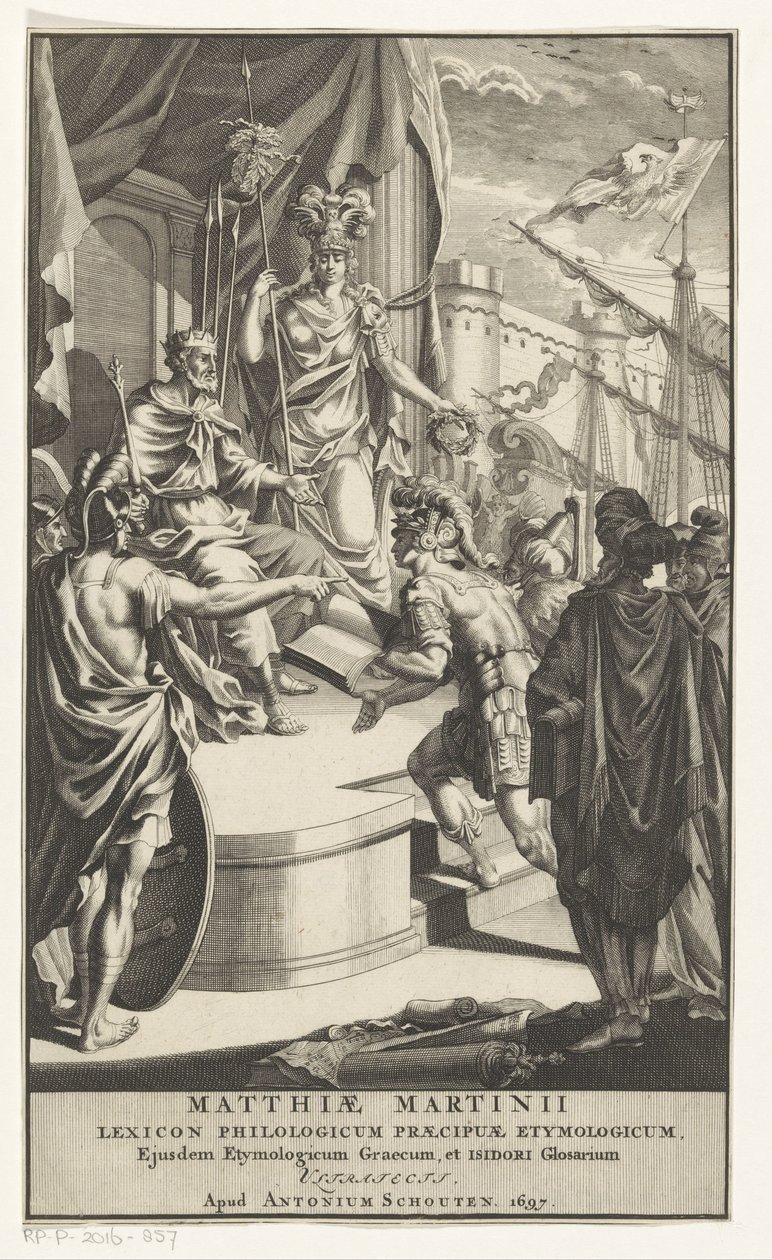 Soldat präsentiert Buch an König Titelblatt für: Matthias Martinius, Lexicon philologicum praecipuae etymologicum, 1697 von Anonymous