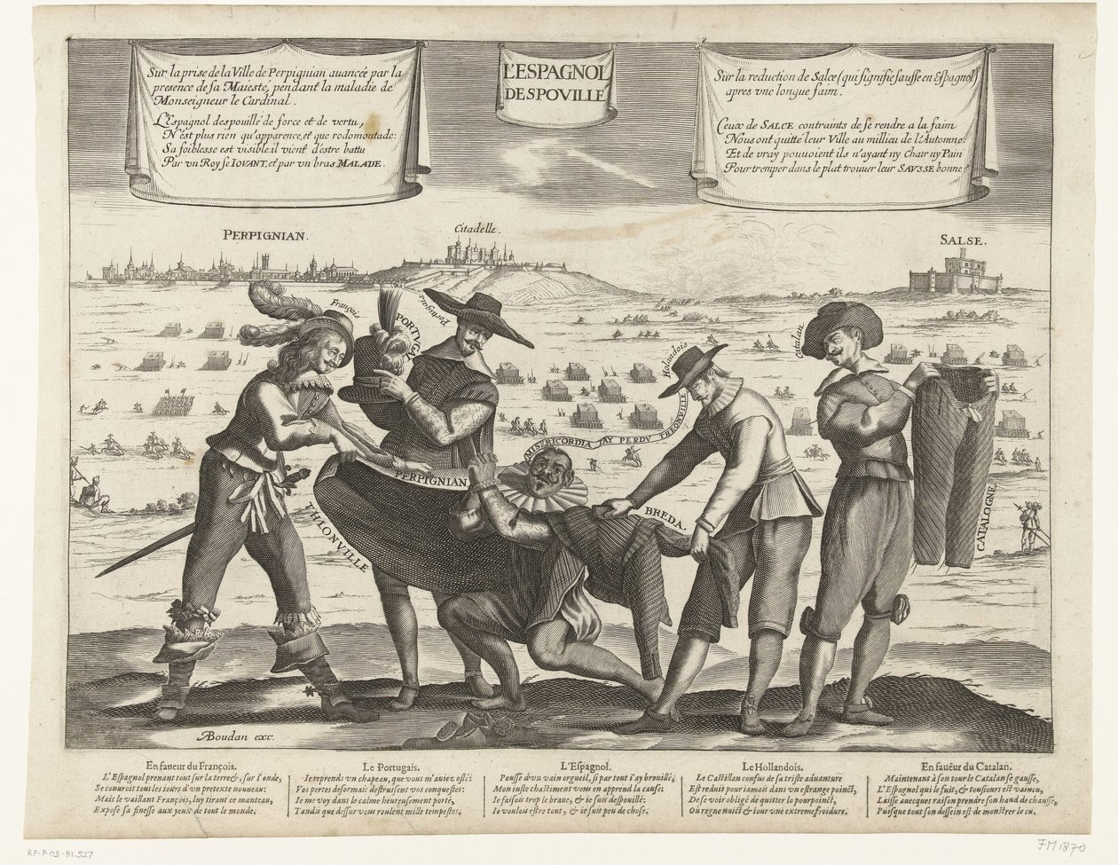 Karikatur der Spanier nach dem Verlust von Breda, Thionville, Perpignan, Portugal und Katalonien, 1643 von Anonymous
