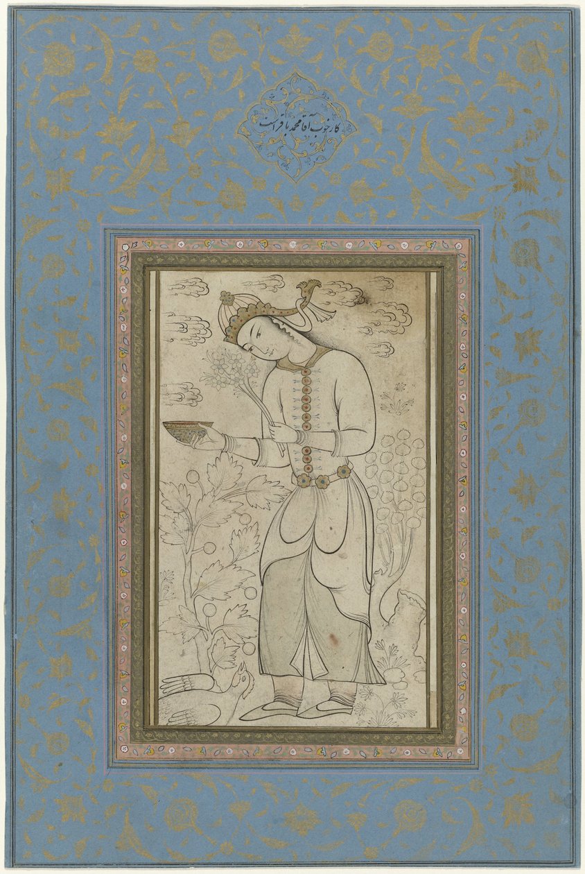 Stehende Figur mit Blumen in der einen und einer Schale in der anderen Hand von Anonymous