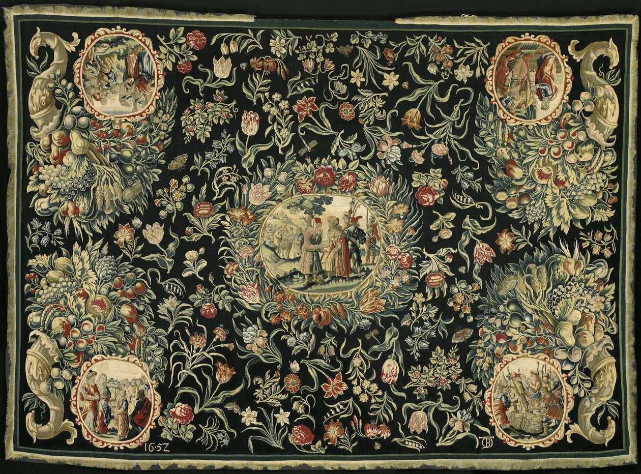 Tischdecke mit der Geschichte von Josef und einem Blumenmuster von Anonymous