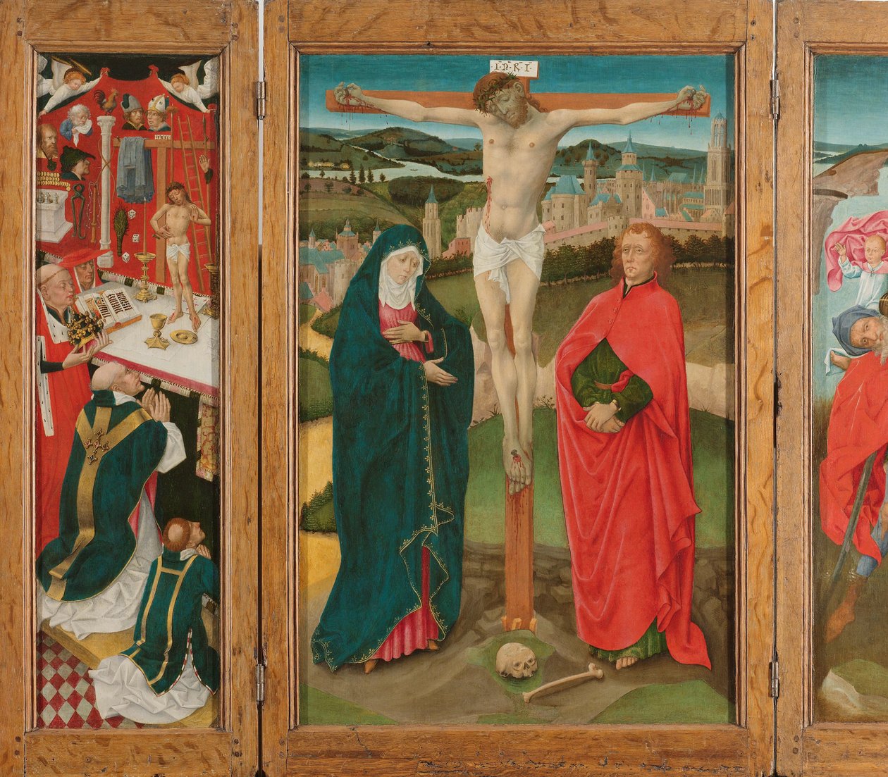 Triptychon mit der Kreuzigung (Mittelteil), die Messe des heiligen Gregor (Innenseite des linken Flügels), der heilige Christophorus (Innenseite des rechten Flügels) und die Verkündigung an Maria (Außenseite der Flügel) von Anonymous