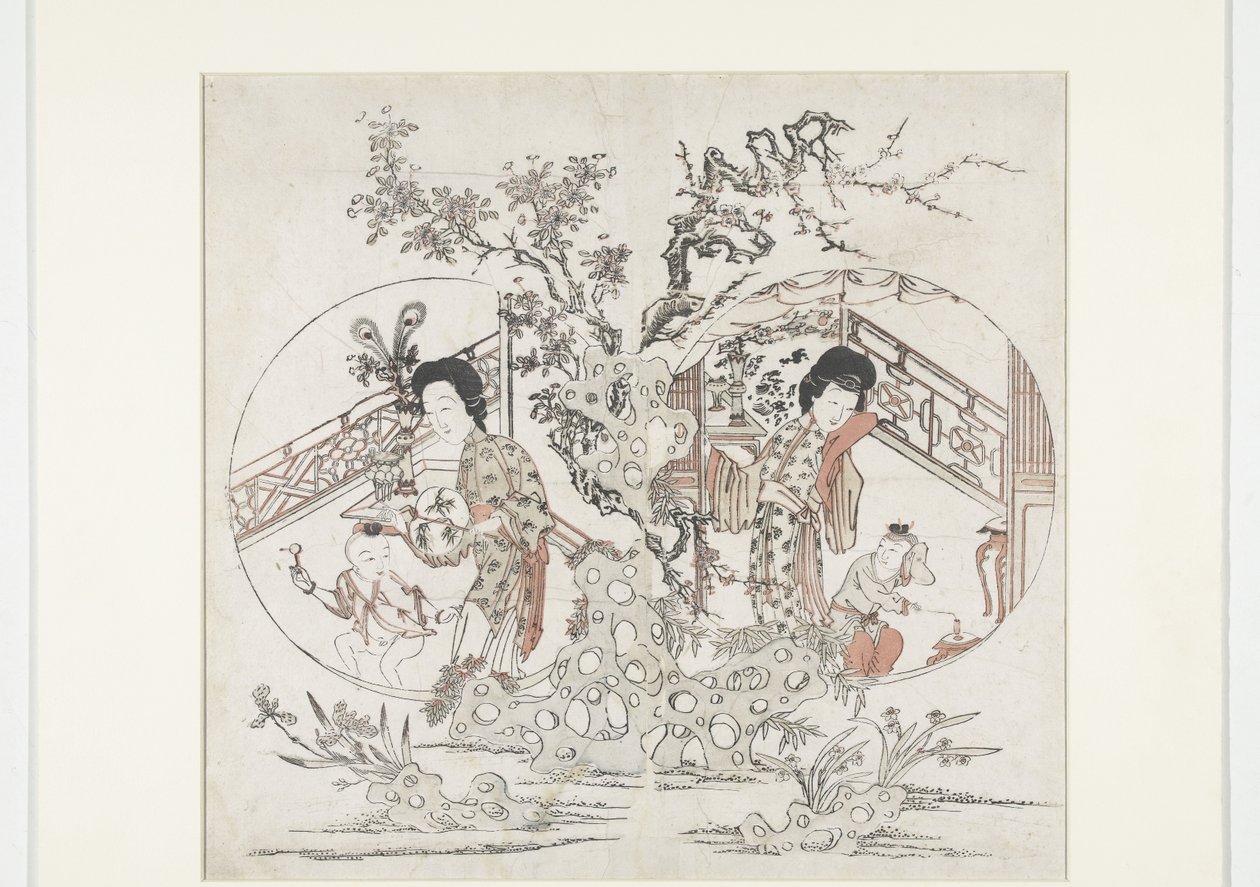 Zweiteilige Druckgrafik: links der Sommer mit Iris und Malus, rechts der Winter mit Narzisse und Prunus (Neujahrsdruck) von Anonymous