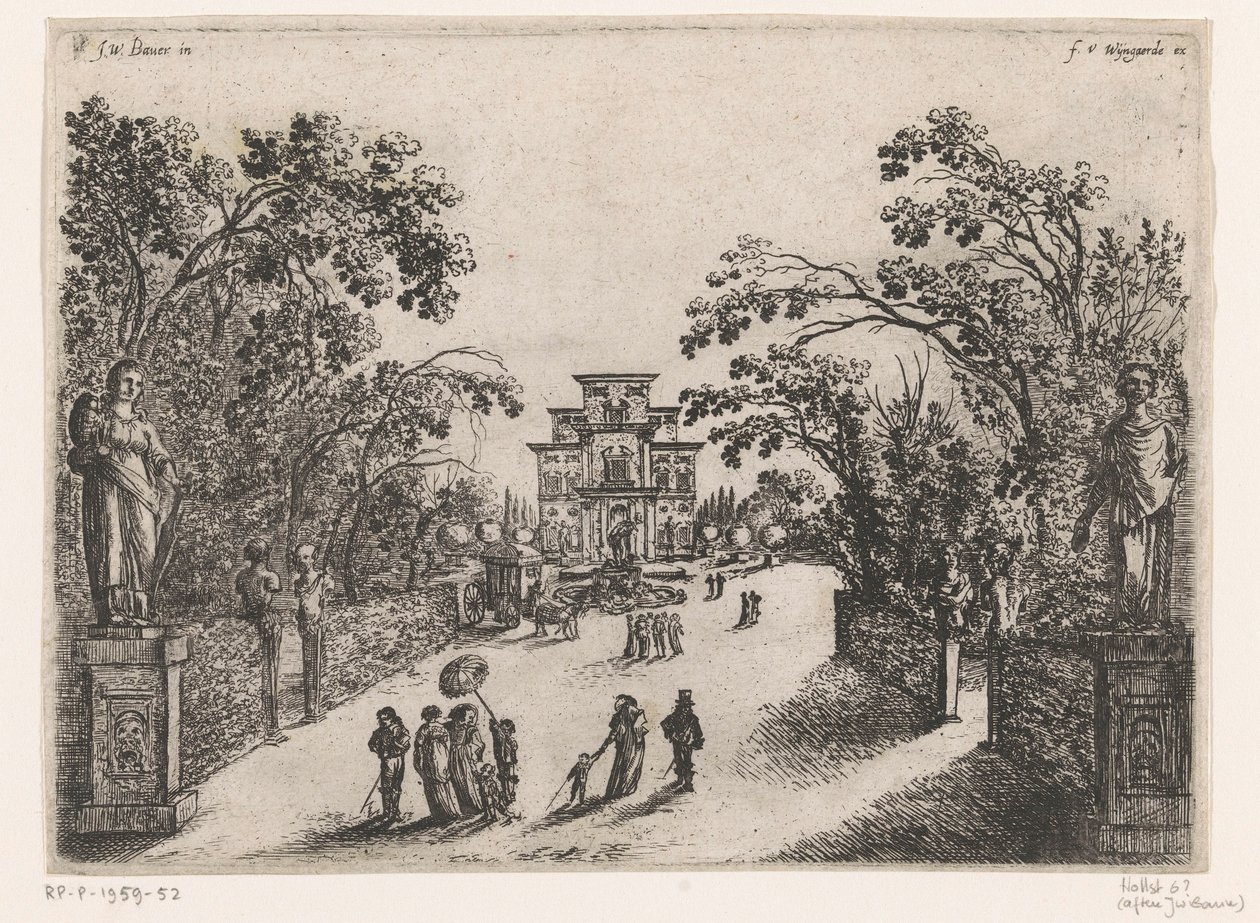 Spaziergänger in einem Park, ein Landhaus im Hintergrund von Anonymous