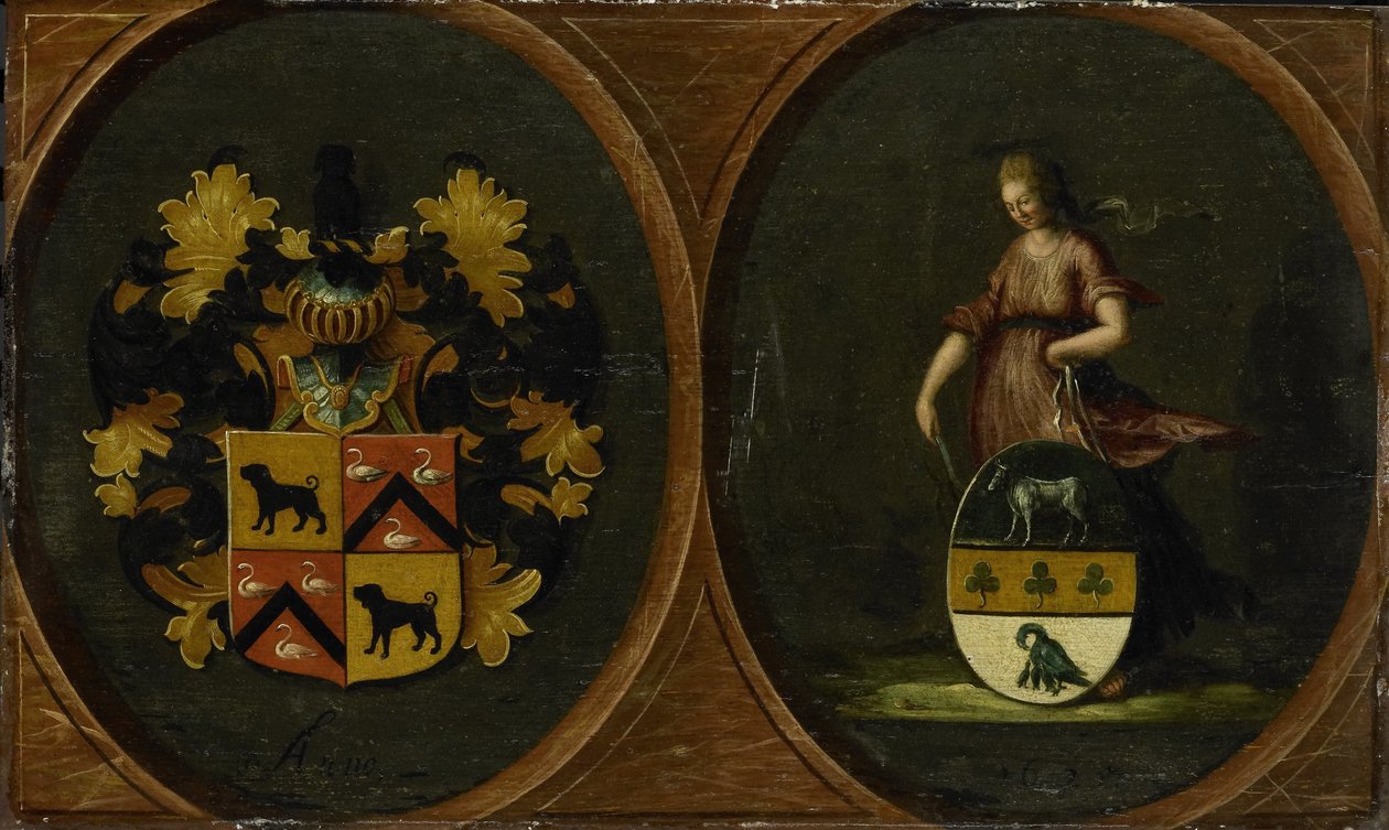 Wappenbrett mit den Wappen des Ehepaares Pieter Courten und Hortensia del Prado, 1625 von Anonymous