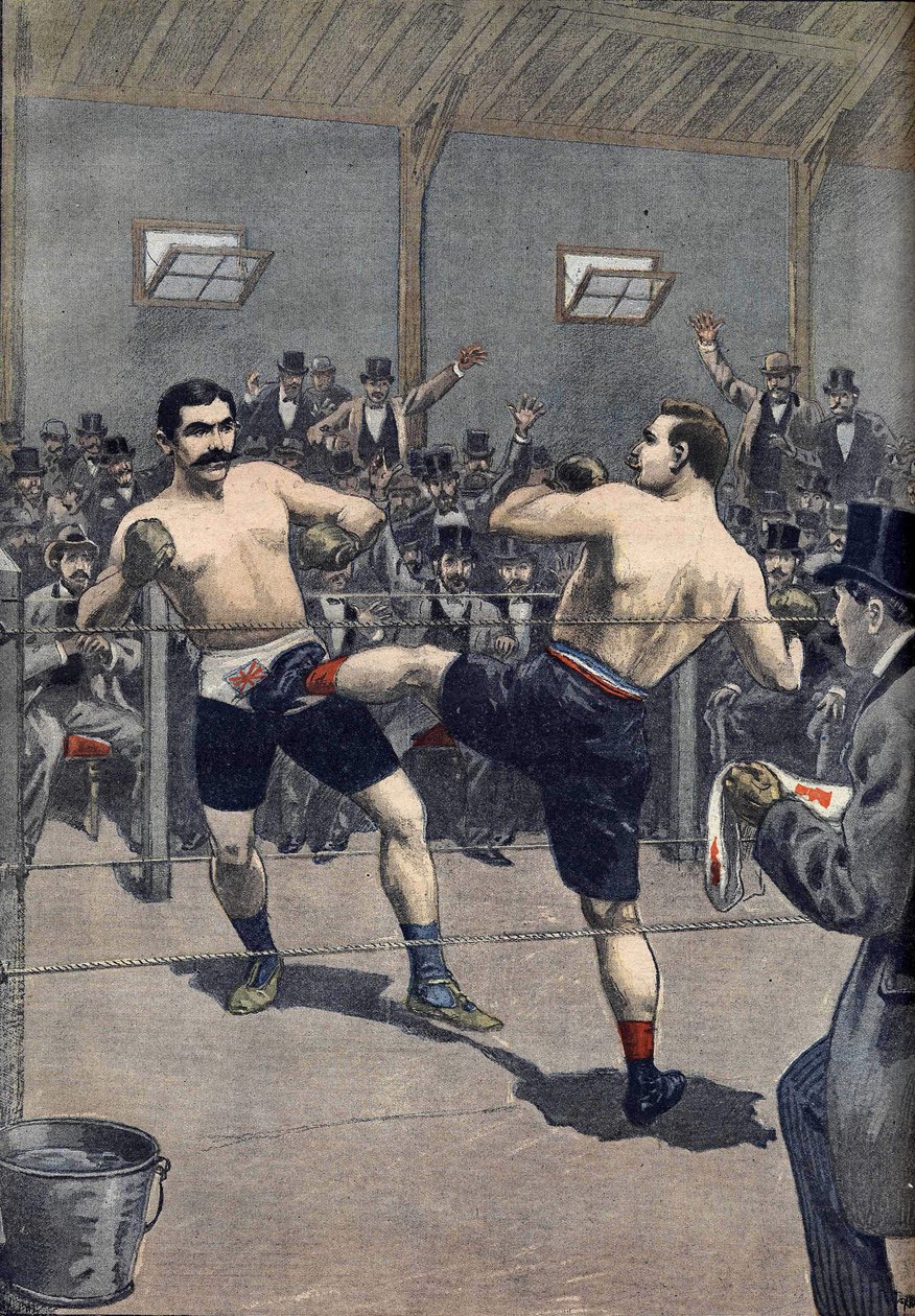 Ein Boxangriff: Sieg des französischen Meisters Joseph Charlemont (1839-1918) gegen Jerry Discroll mit der Technik des „Savate“ in Le Petit Journal 1899 von Anonymous Anonymous