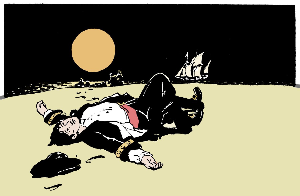Ein von Piraten getöteter Kapitän wird auf einer Insel ausgesetzt, das Piratenschiff entfernt sich am Horizont. Illustration aus „The Boys Books of Pirates“ 1913 von Anonymous Anonymous
