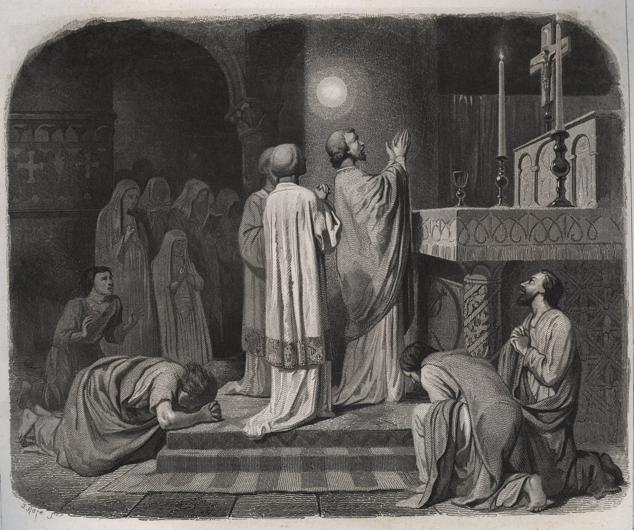 Eine Feuerkugel erscheint über dem heiligen Martin, Bischof von Tours (316-397), während er arbeitet. Gravur von 1846 in „Lives of the saints“. Private Sammlung von Anonymous Anonymous