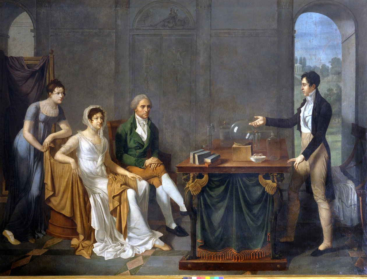 Ein Wissenschaftler (wahrscheinlich Alessandro (Alexandre) Volta) führt ein wissenschaftliches Experiment vor der Familie Melzi Deril durch. Anonymes Gemälde. von Anonymous Anonymous