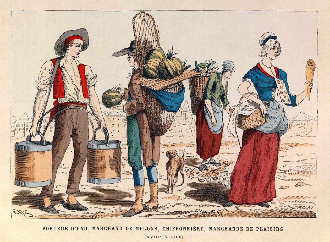 Ein Wasserträger, ein Melonenhändler, ein Lumpensammler und ein Vergnügungshändler im 18. Jahrhundert von Anonymous Anonymous