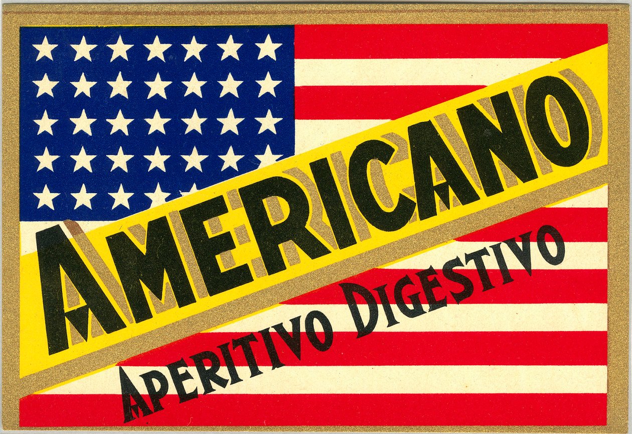 Werbung für italienischen Kurzen Americano, mit amerikanischer Flagge von Anonymous Anonymous