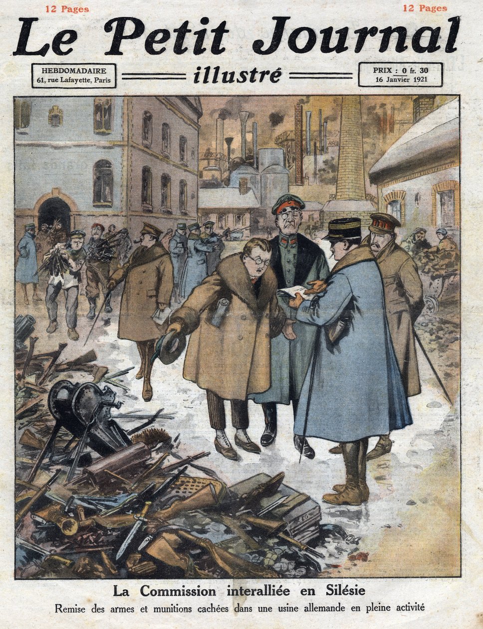 Nach dem Krieg: Aufstand in Oberschlesien zwischen den deutschen und polnischen Gemeinschaften. Die Interalliierte Kommission interveniert in Schlesien und zieht Waffen aus deutschen Fabriken zurück. Illustration aus „Le petit journal“ von Anonymous Anonymous
