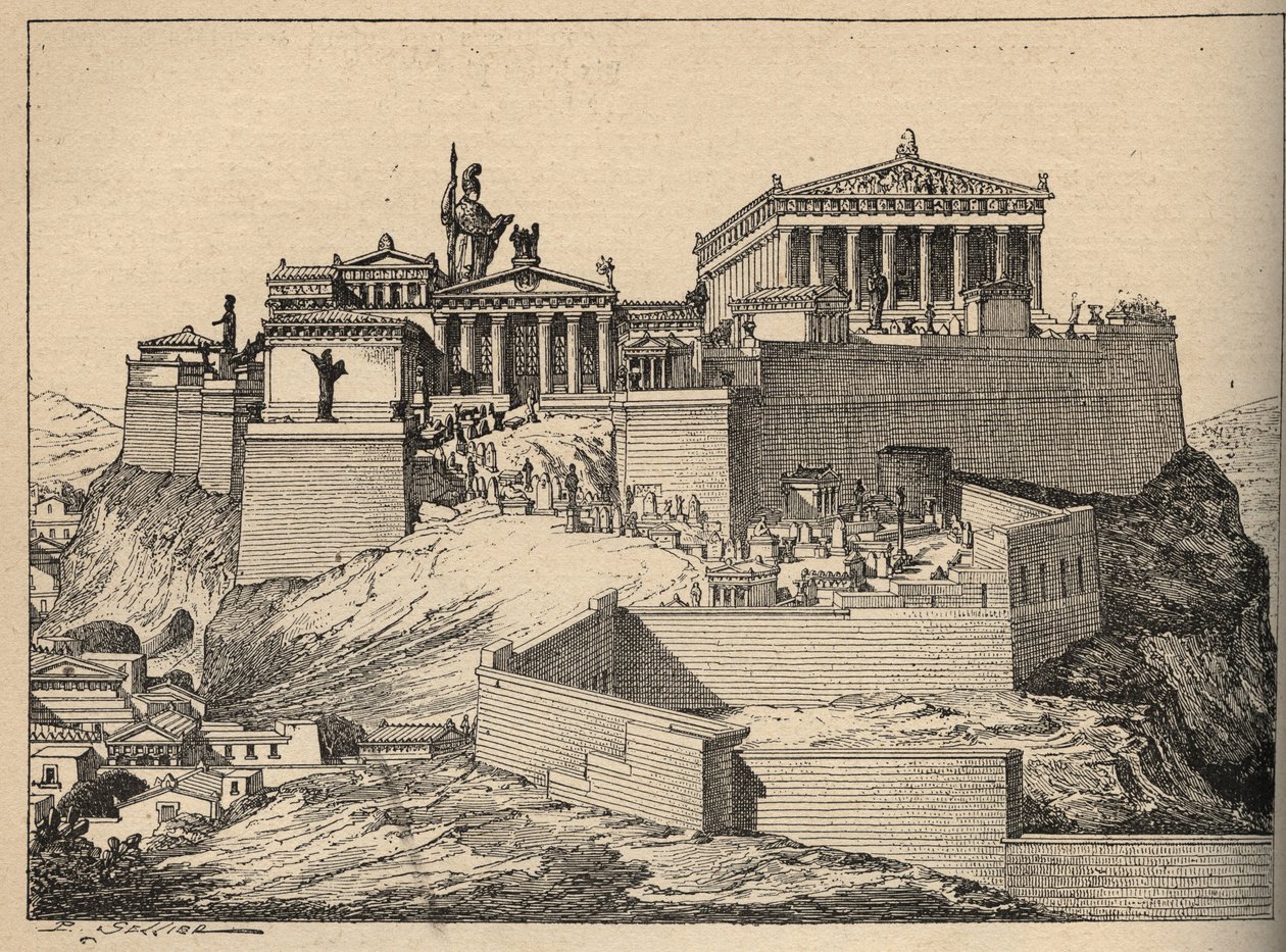 Antikes Griechenland: der Parthenon, Tempel der Athena, auf dem Hügel der Akropolis von Athen (Antikes Griechenland: Athen, Akropolis - Parthenon - Gravur 1890 von Anonymous Anonymous