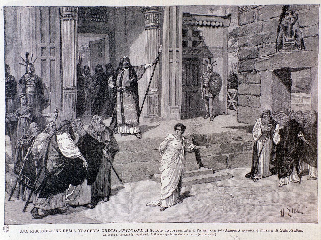 Antigone zum Tode verurteilt. Szene aus dem Stück Antigone, mit Musik von Camille Saint-Saens, aufgeführt in Paris von Anonymous Anonymous