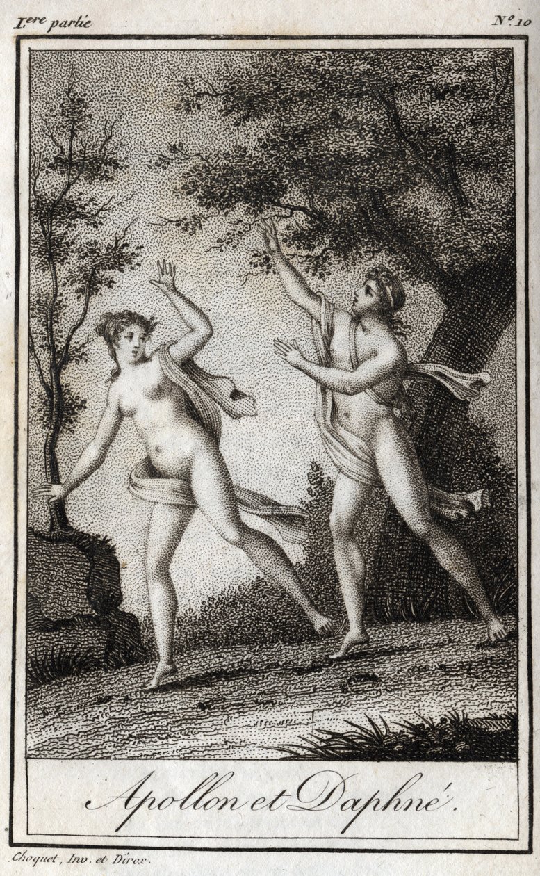 Apollo und Daphne. Die Nymphe Daphne verwandelt sich in einen Lorbeerbaum, um Apollo zu entkommen. Gravur von 1819 in „Lettres à Emilie sur la mythologie“ von Charles Albert Demoustier (1760-1801). Private Sammlung. von Anonymous Anonymous