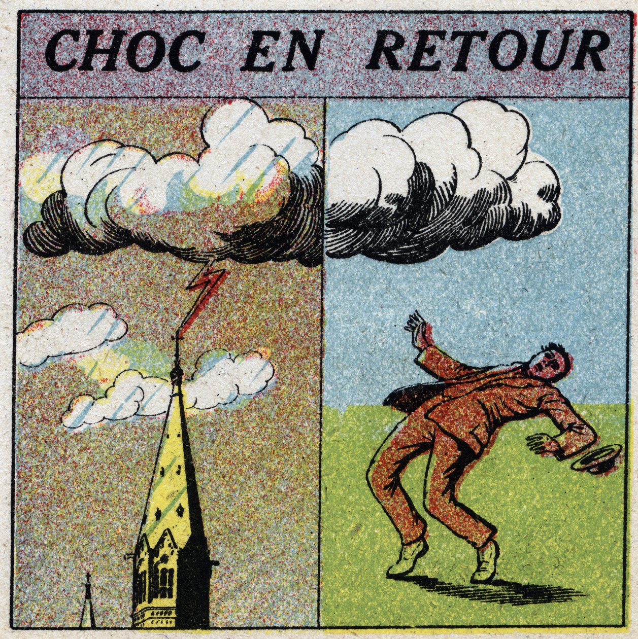 Atmosphärische Elektrizität: Rückschlag. Ein Mann wird durch einen Blitzschlag elektrokutiert. Anonyme Illustration von 1925. Private Sammlung. von Anonymous Anonymous
