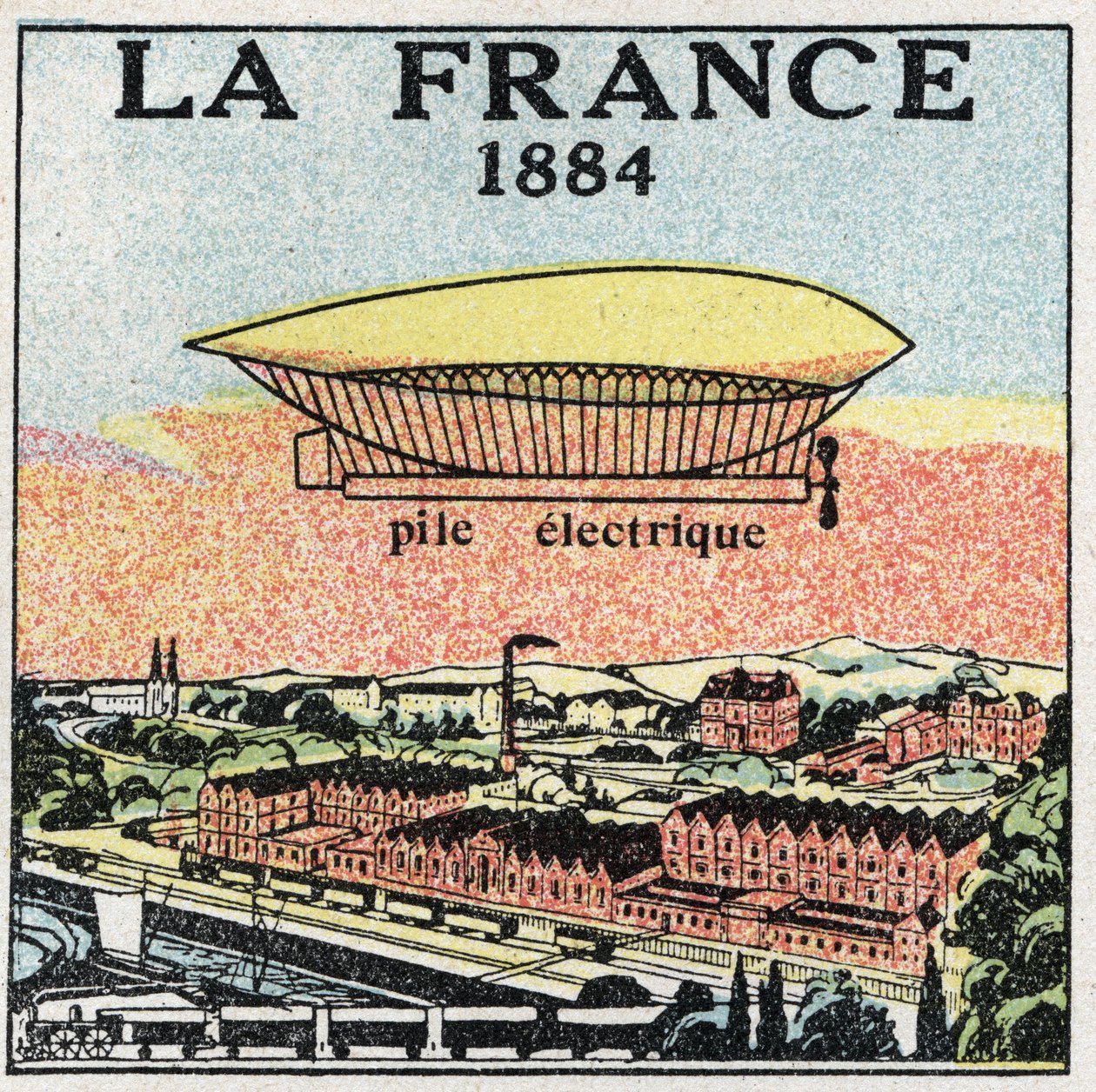 Ballons: das Luftschiff „La France“ im Jahr 1884 mit der von den Franzosen Renard und Krebs erfundenen elektrischen Batterie. Anonyme Illustration von 1925. Private Sammlung. von Anonymous Anonymous