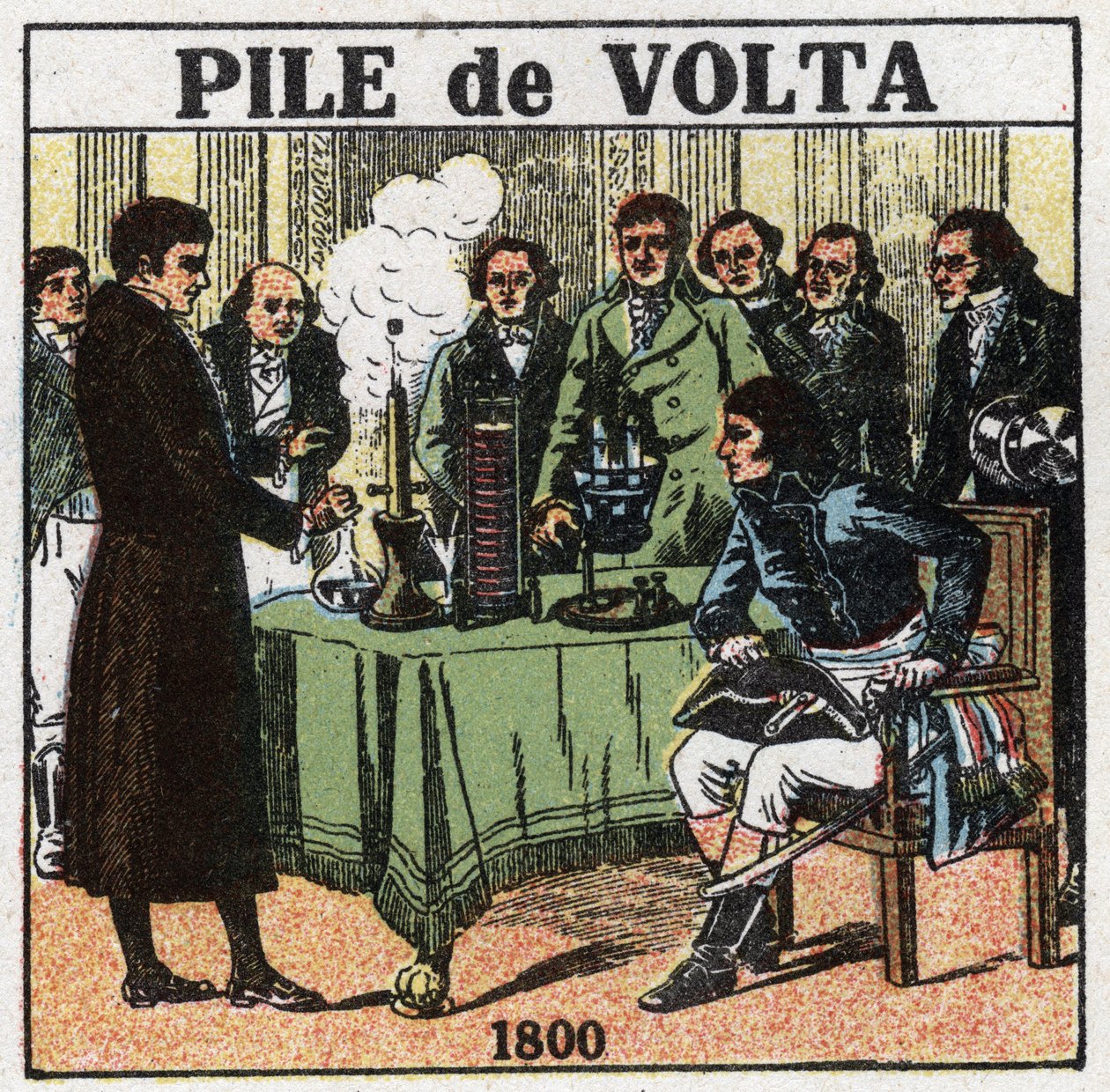 Batterien und Akkumulatoren: Alessandro Volta (1745-1827) präsentierte 1801 dem Konsul Napoleon Bonaparte (1769-1821) am Institut national de France die Ergebnisse seiner Experimente, die ihm die Erfindung der elektrischen Batterie ermöglichten. Anonyme Il von Anonymous Anonymous