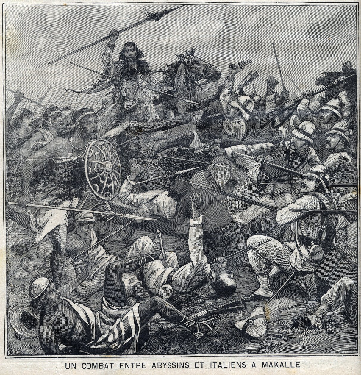 Schlacht zwischen den Abessiniern von Menelik II. und den Italienern in Makalle, Äthiopien. Gravur in „Le Petite Parisien“ von Anonymous Anonymous