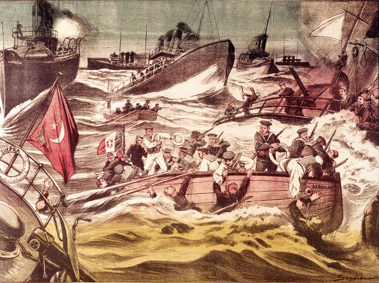 Schlacht von Kunfuda: Seeschlacht am 7. und 8. Januar 1912 während des Italienisch-Türkischen Krieges (1911-1912) im Roten Meer vor dem Hafen von Kunfuda, Saudi-Arabien. von Anonymous Anonymous