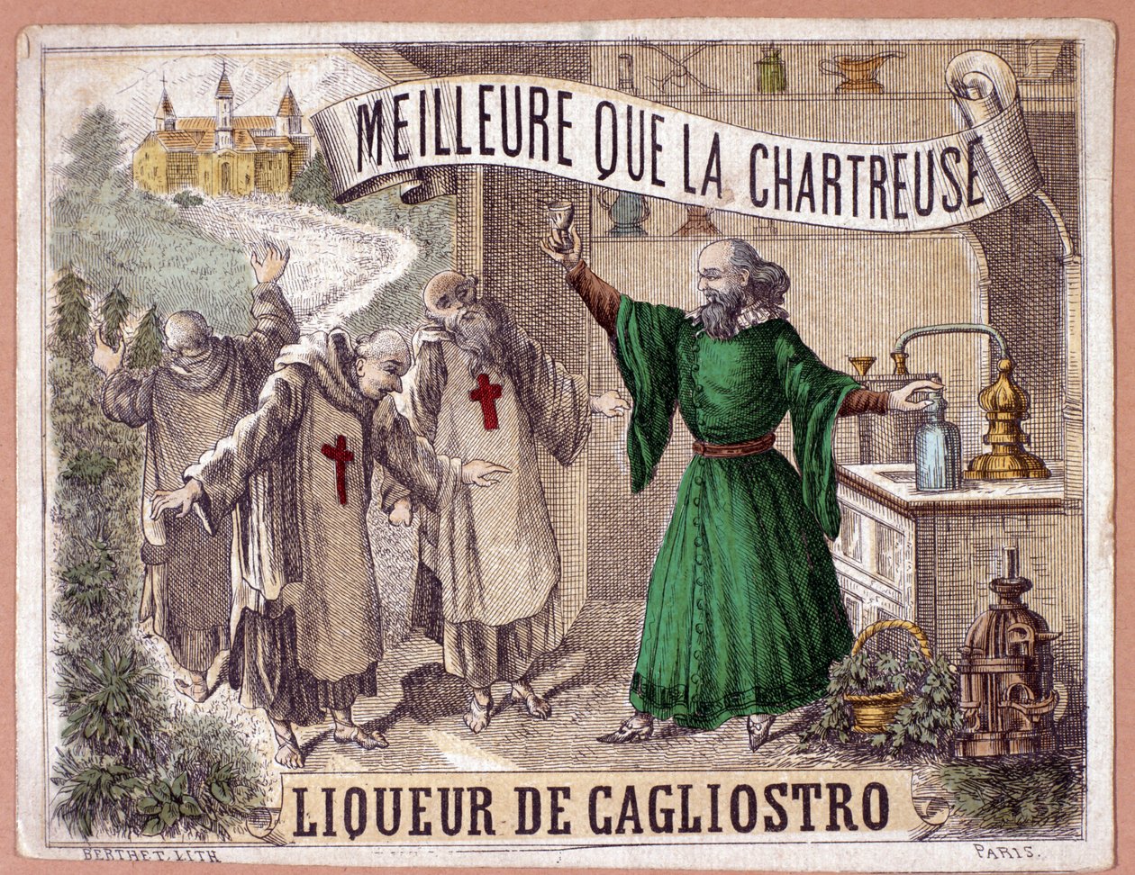 Cagliostro-Likör aus der Destillation aromatischer Kräuter durch Mönche. Chromolithographie des 19. Jahrhunderts von Anonymous Anonymous